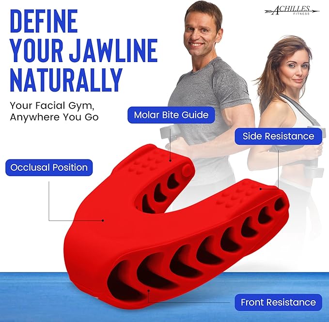Achilles Fitness Double Chin Reducer Jaw Exerciser – Red, 50LB Intermediate Resistance, 1 Piece Jawline Sculptor and Face Slimmer for Women and Men – Ideal for Mewing Practice