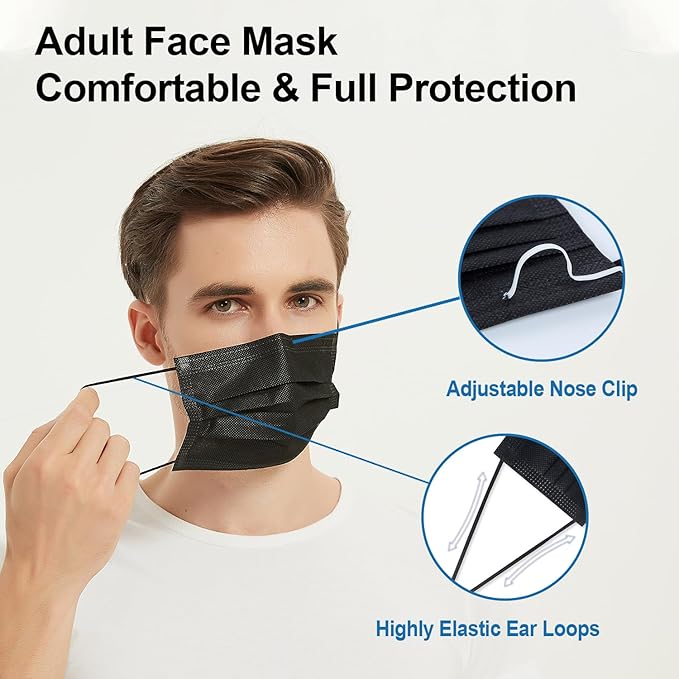 Face Masks Disposable for Adults, 3 Ply ASTM Level 3, Breathable & Comfortable, Individually wrapped Black 50 Pcs