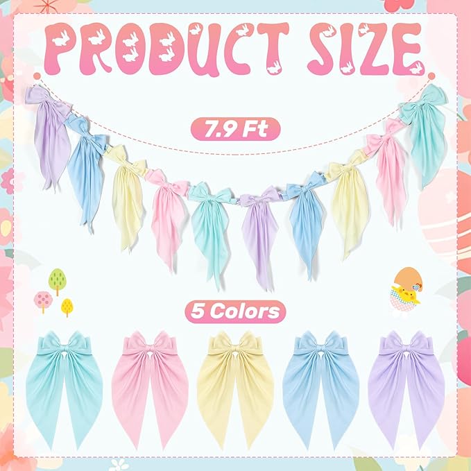 VitalCozy 1 Pcs Easter Pastel Bow Garland Banner - Silk Satin Ribbon Hanging Party Bow Garland Decoration for Easter Birthday Baby Shower Wedding Party Supplies