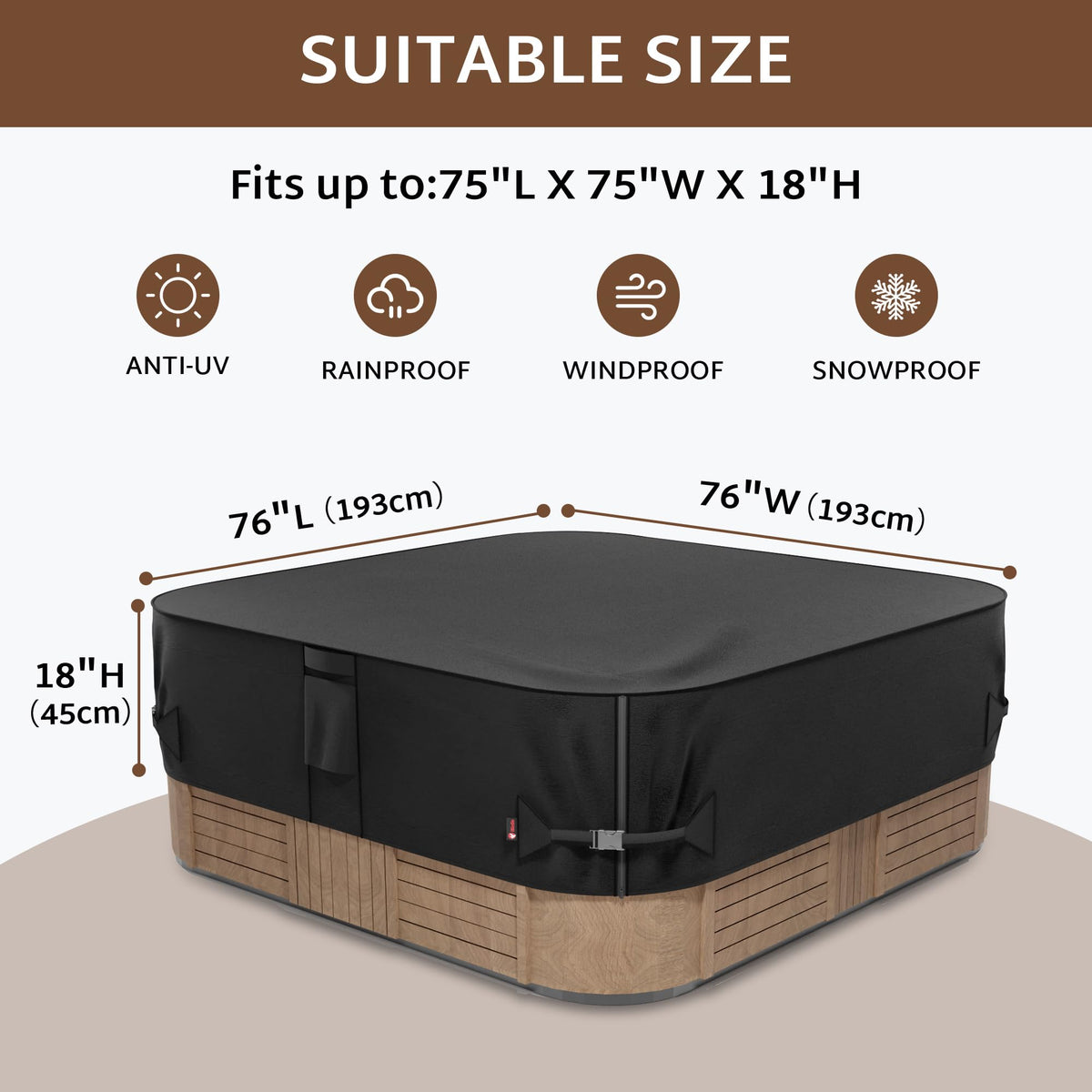 iBirdie Outdoor Waterproof and Weatherproof Hot Tub Cover 76 x 76 inch fit 75 x 75 or 74 x 74 or 73 x 73 or 6 ft x 6 ft Square SPA 600D Heavy Duty Protectors Protective Cover Cap