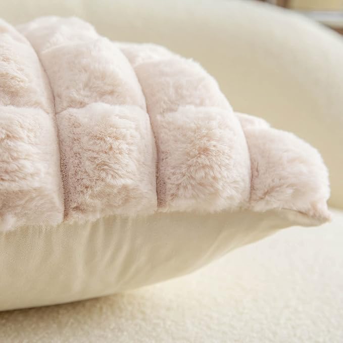 Neelvin Beige Faux Fur Cozy Soft Plaid Decorative Throw Pillow Covers 12x20 inch Set of 2,Velvet Pillowcase Cushion Case for Sofa Couch