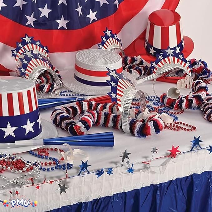 PMU 75 Ft Patriotic Star Garlands with Wire, Shiny Metallic Garland for 4th of July, National Day, Independence Day, Red,Silver and Blue (3pc-25Ft Each)