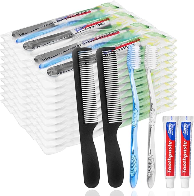 50 Pack Disposable Toothbrushes with Toothpaste and Comb for Homeless Individually Wrapped,10g Travel Toothpaste,7inch Black Hair Comb, Bulk Toothbrush for Hotel,AirBnb,Shelter,Charity