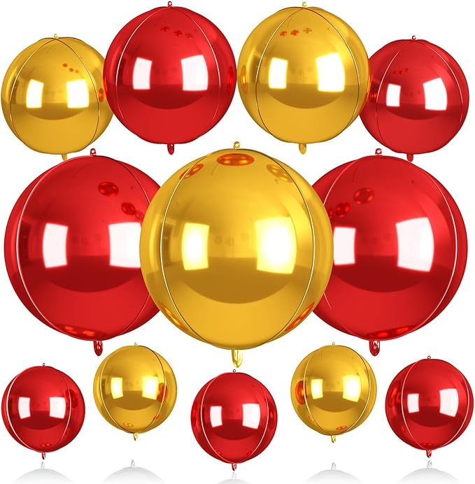 Red and Gold Round Balloons Foil, 12 Pcs Round Shaped Balloon 4D Different Size 22" 18" 15" 10", Metallic Gold Red Balloons for Xmas Prom Graduation Baby Shower Birthday New Years Party Decorations