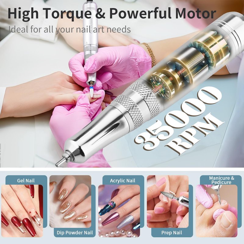 Enniewi Electric Nail Drill File, Professional Portable Nails Drills Kit with Rechargeable Base 7 uñas Bits, Cordless Efile for Poly Gel Acrylic Nails Remover Home Salon Pedicure Manicure Tool, White