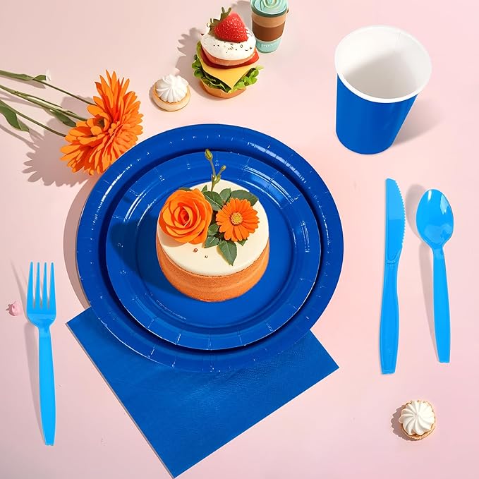 Ottin 169PCS Roayl Blue Party Supplies for 24 Guests – Disposable Paper Plates, Napkins, Cups, Forks, Knives, Spoons & Tablecloth for Birthday, Wedding, Halloween, Thanksgiving, Christmas, New Year