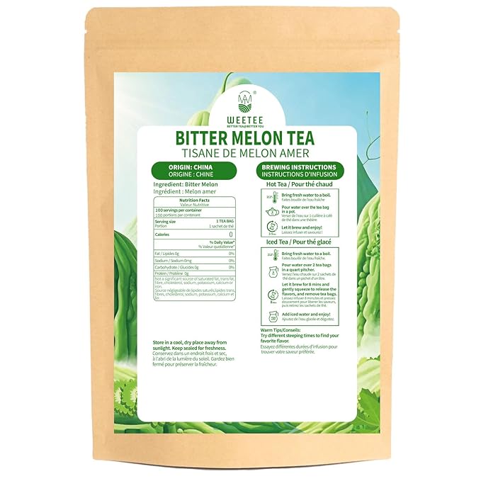 WT WEETEE Bitter Melon Tea Bags, Zero Sugar Tea, 100 Count Made with 100% Pure Natural Bitter Melon, Caffeine-free Momordica Charantia Tea