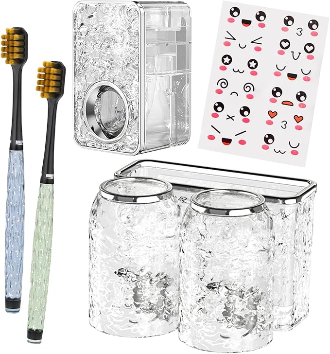 Toothbrush Holders Combo Set for Bathroom，2 Cups Toothbrush Holder Wall Mounted with Organizer，Gift 2 Count Ultra Fine Soft Bristle Crystal Tooth Brush and Wall Mounted Toothpaste Squeezer
