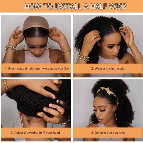 UWLK Half Wig Afro Curly 3 In 1 Glueless Wigs Human Hair 200 Density Curly Half Wig Human Hair for Women Beginner Friendly Drawstring Seamless Flip Headband Wig 18 Inch