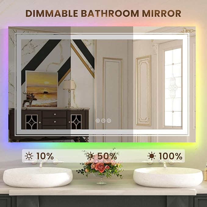 WTTY RGB LED Bathroom Mirror 40"x24" with Backlit and 3 Front Light,Stepless Dimmable LED Mirror for Bathroom,Lighted Bathroom Vanity Mirror for Wall,Anti-Fog,Memory Function,Shatter-Proof