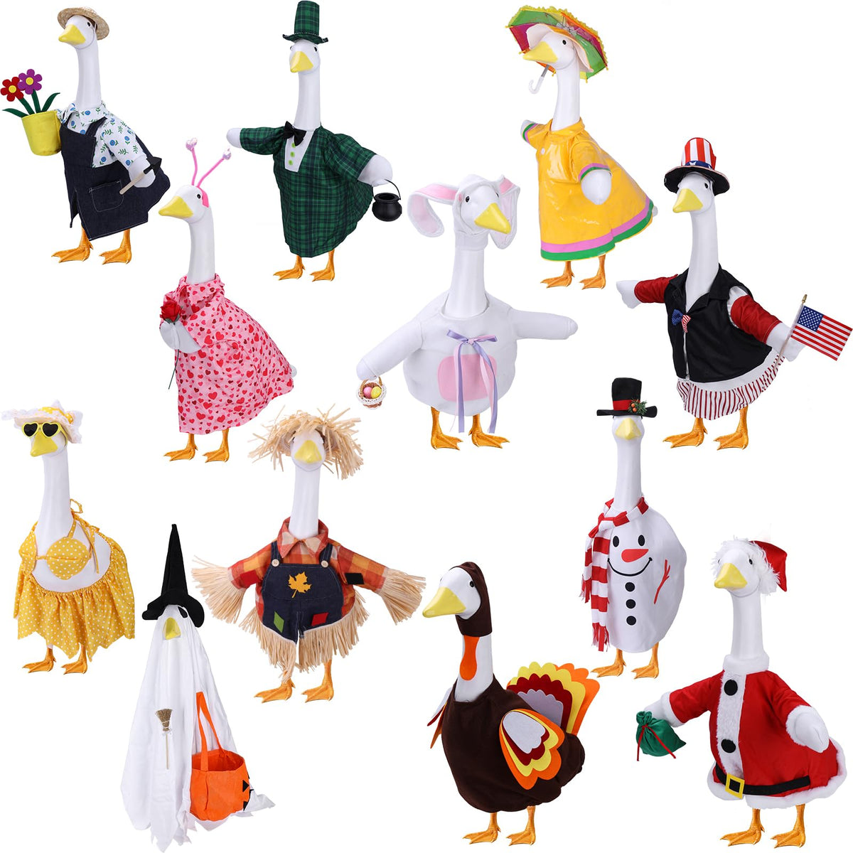 12 Set Porch Goose Outfits, Porch Goose Holiday Outfit, Spring Valentine's Day St. Patrick Easter Raincoat Summer 4th of July Halloween Fall Thanksgiving Snowman Christmas 23" Lawn Goose Clothes