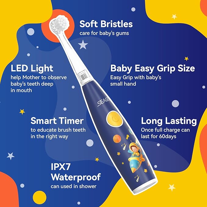 SEAGO Kids Electric Toothbrush Rechargeable with Smart Timer, LED Observing Light & DIY Stickers for Toddlers Ages 2-4, Soft Bristles for Oral Care, USB Charging (Blue)