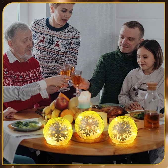3 Pcs Winter Decorations Indoor 4 Crackle Snowflakes Glass Globe Ball Lamp Night Lights with LED Timer Battery Operated Lighted Decorative Tabletop Decor for Table Home Centerpiece Party Gift