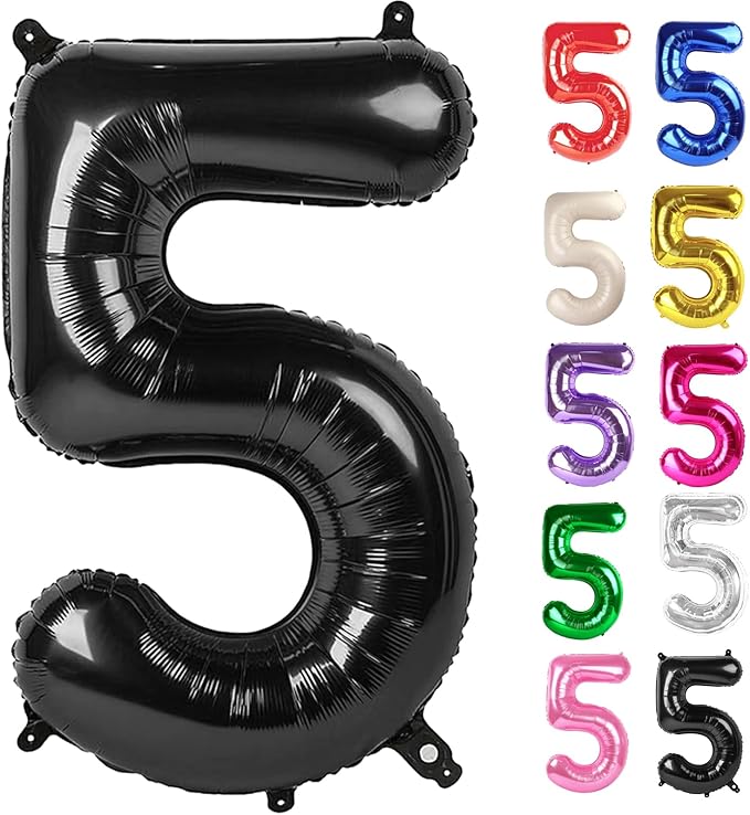 Black Number 5 Balloon 40 Inch, 5 Balloon Number, 5th Birthday Decorations, Black Party Supplies for Boys Girls