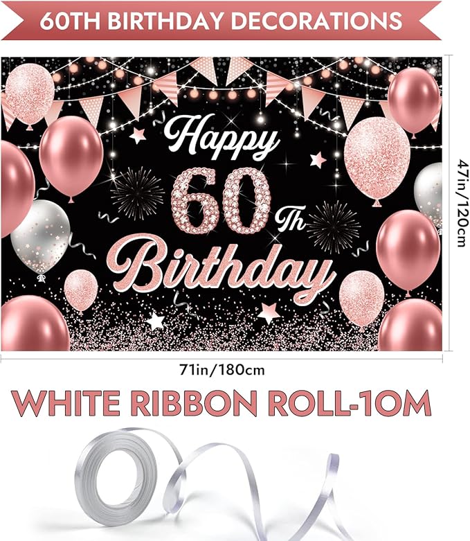 60th Birthday Decorations for Women - Happy 60th Birthday Banner Decorations Cheers to 60 Years Birthday Party Indoor and Outdoor Decoration Suppiles Pink Backdrop for 60th Birthday Party Favors Decor