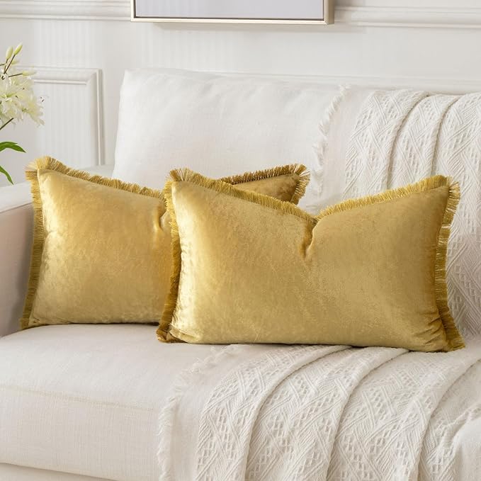 FUTEI Christmas Gold Velvet Decorative Throw Pillow Covers 12x20 Set of 2,Soft Cozy Edge with Tassels Lumbar Pillow Cases,Boho Modern Home Decor for Couch Bed Living Room
