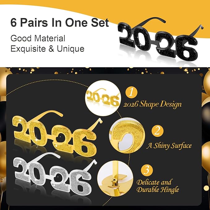 2026 Plastic Glasses Happy New Year Glitter Eyeglasses for 2026 Party New Year Eve Costume Photo Prop Supplies