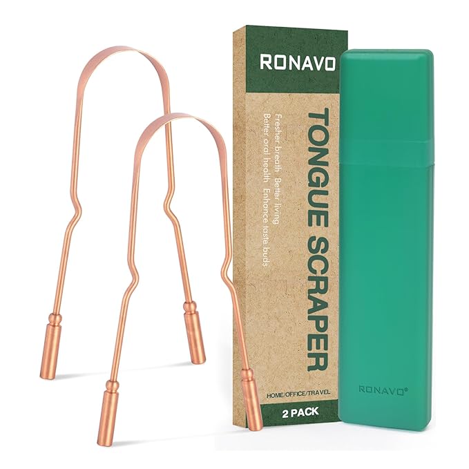 RONAVO Copper Tongue Scraper for Adults (2 Pack), 100% Pure Copper, Naturally Anti-Microbial, Banishes Bad Breath and Maintains Oral Hygiene, Tongue Cleaner with Travel Case, Easy to Use and Clean