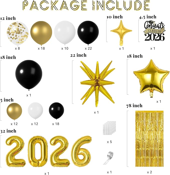 Graduation Balloon Garland Arch Kit for Graduation Decorations Class of 2026 - Black Gold and White Balloons Different Sizes 5 12 18 Inch Graduations Balloons Arch for Grad Party Supplies