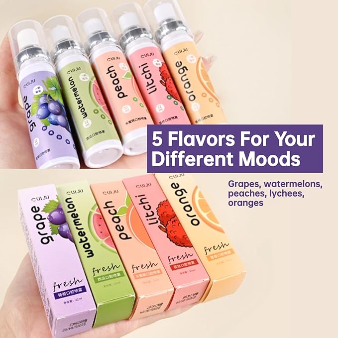 5PCS Fruit Oral Breath Spray, Natural Breath Freshener Spray, Portable Dry Mouth Spray for Bad Breath, Refreshing Cool Fresh Mint Oral Odor Care Spray Bad Breath Treatment for Adults