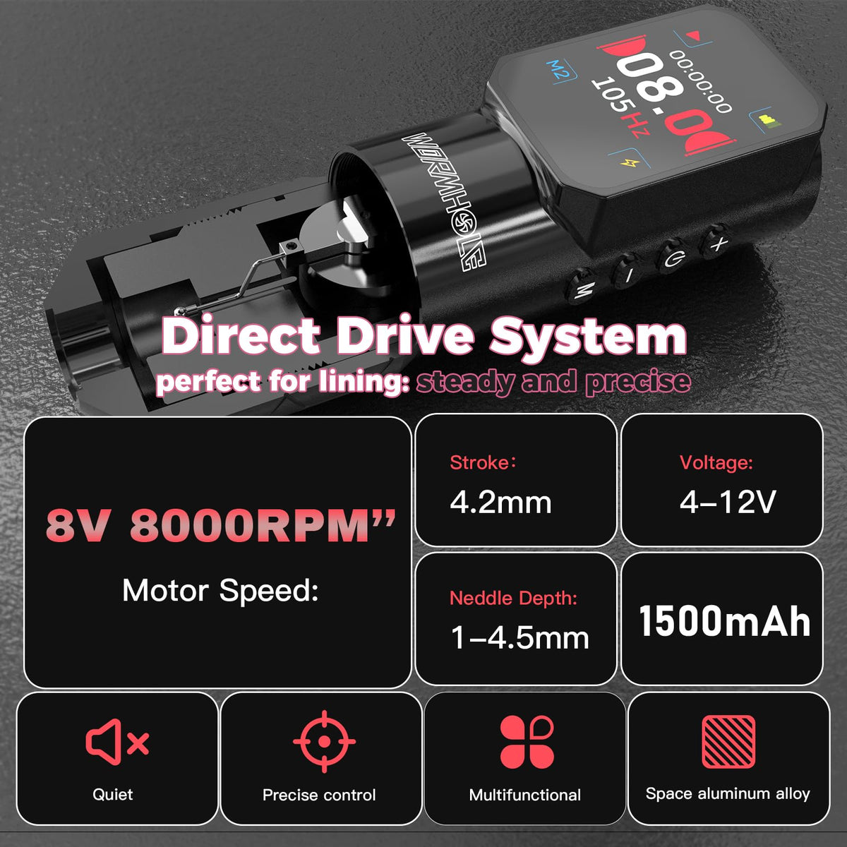Wormhole Tattoo Gun Wireless Tattoo Machine 1500mAh Battery Aluminum Alloy Smart Tattoo Pen Dot Working Mode Multifunctional Machine for Professional Artist Black