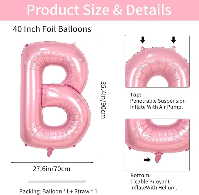 40 Inch Letter B Balloon, Large Baby Pink Letter Balloons, Single Foil Alphabet B Balloon, Big Pearl Pink Name Letters Balloon Helium for Girls Women Birthday Party Baby Shower Anniversary Decoration