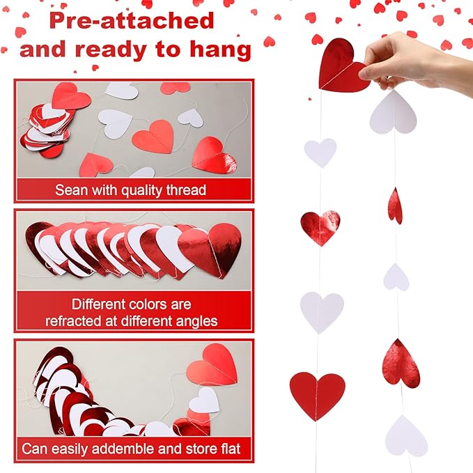 10 Pack 130ft Burgundy-red White Heart Party Garland Asymmetrical Love Hanging Banners for Birthday Wedding Decorations Mothers Day Bachelorette Bridal Shower Engagement