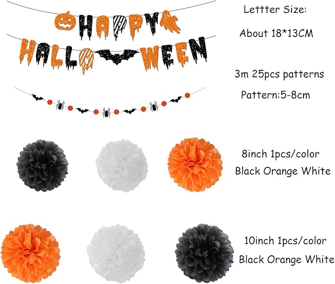 Black Orange White Halloween Party-Decorations - 8pcs Kits Happy Halloween Banner, Tissue Flower Paper Pom Poms Streamers,Bat Decor Garland,Birthday Wedding Baby Bridal Shower Lasting Surprise