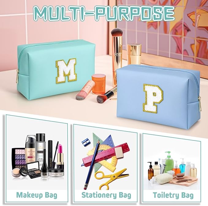 TOPEAST Preppy Stuff Cute Makeup Bag Small Cosmetic Bag Travel Toiletry Bag, Personalized Birthday Wedding Gifts for Mom Teacher Friends Bridesmaids, Preppy Travel Stuff for Girls (Blue N)