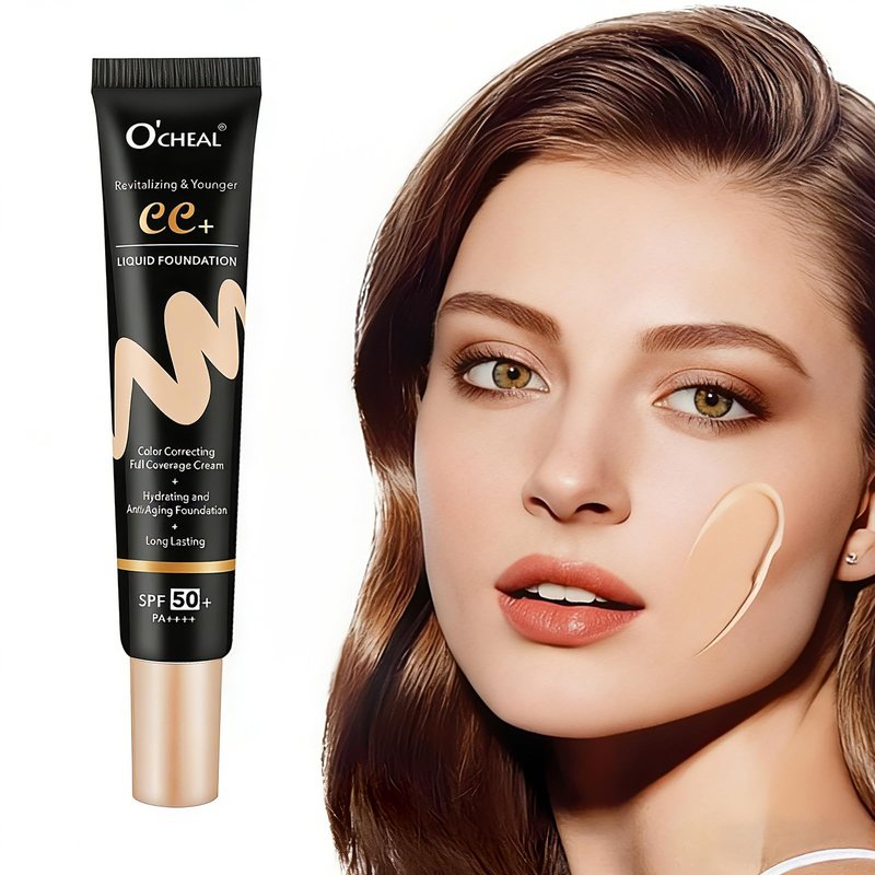 O'CHEAL CC Cream with SPF 50+, Hydrating Color Correcting Cream Full Coverage Lightweight Powder Foundation, Waterproof Long Lasting Pre-makeup Primer Facial Concealer Refine Skin Texture (Natural)