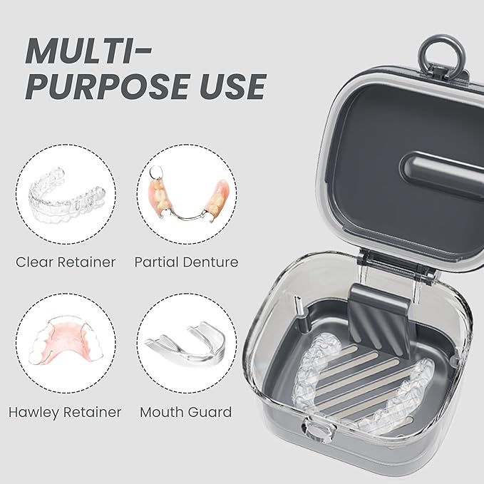 Denture Case Retainer Cleaning Case with Retainer Removal Tool and Brush, No-Leak Denture Bath Box Cup, Complete Clean Care for Clear Braces, Mouth Guard, Night Guard & Retainers (Grey)