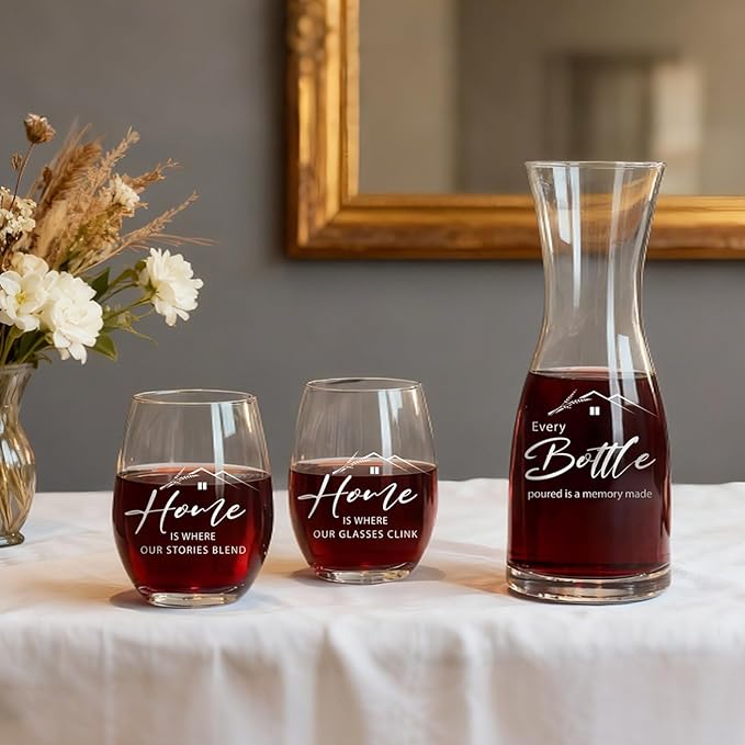 AW BRIDAL House Warming Gifts New Home Wine Glasses and Decanter Set, 2026 Closing Gifts for Home Buyers and Homeowner, New Apartment Gift Basket for Women Friend, First House Gift for Couple Newlywed