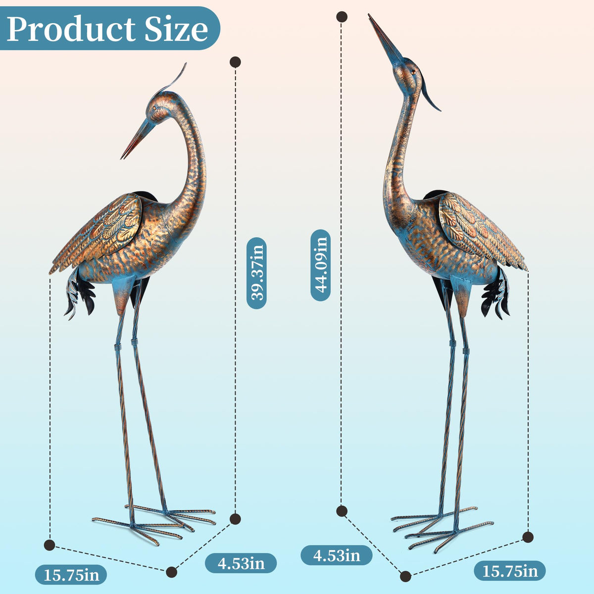 chisheen Garden Crane Statues Blue Heron Metal Yard Art Outdoor Decoration,Large Sculptures for Lawn Patio Porch,39-44 inch,Set of 2
