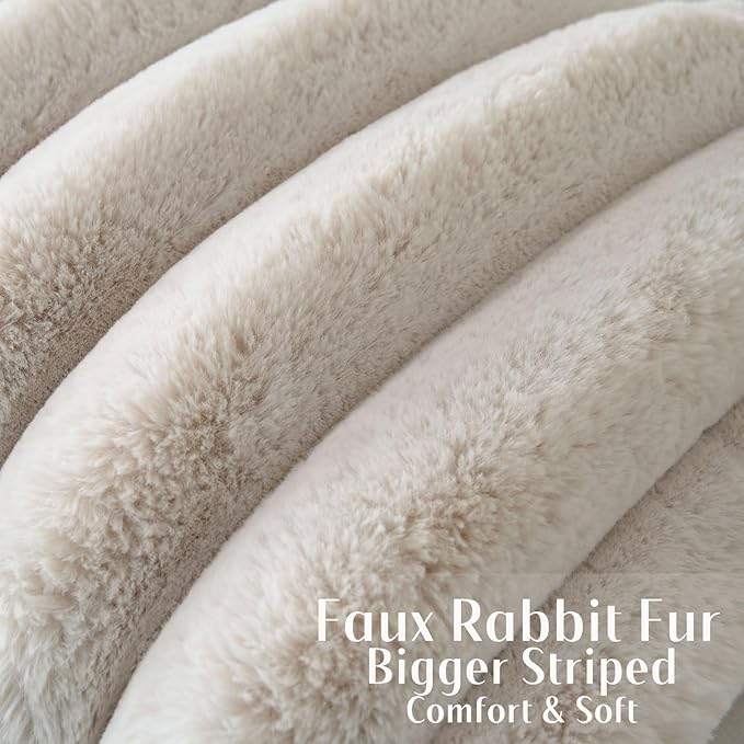 FUTEI Beige Decorative Throw Pillow Covers 22x22 Inch Set of 2, Square Soft Faux Rabbit Fur Thick Striped Cushion Cover,Winter Home Decor for Couch Bed Living Room