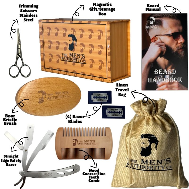 M. A. C.® Beard Kit for Men, Beard Grooming Kit Including Boar Brush, Trimming Scissor Beard Comb and Straight Edge Safety Razor & Blades-Ideal Beard Care Kit with Wooden Gift Box