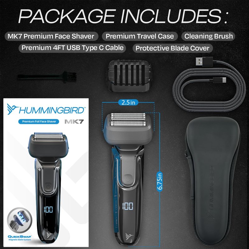 HUMMINGBIRD MK7 Premium Foil Face Shaver, Four Blade Foil Shaver with Long Hair Leveler, Electric Razor for Men, Waterproof Wet & Dry Shave, Cordless USB-C Rechargeable, LED Display, Travel Case