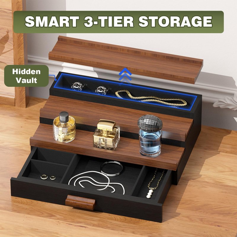 TIRYIUOU Perfume Cologne Organizer for Men: 3 Tier Wooden Perfumes Stand, Desktop Parfum Holder Wood Display Shelf with Cabinet, Bedroom Dresser Makeup Lotion Jewelry Storage Rack with Drawer