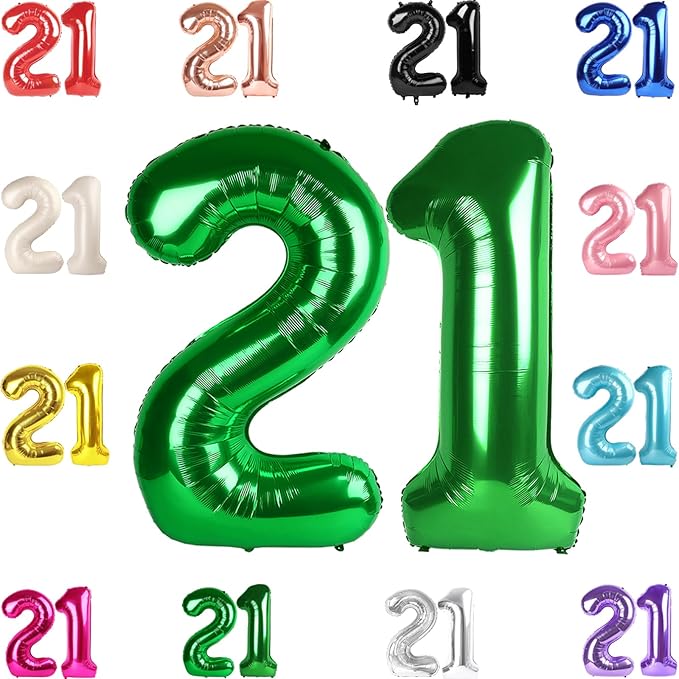 21 Balloon Number, Green Number 21st Birthday Balloons 40 Inch, 21 or 12 Years Old Green Birthday Decorations for Men Women Him Her, 21st Anniversary Decorations