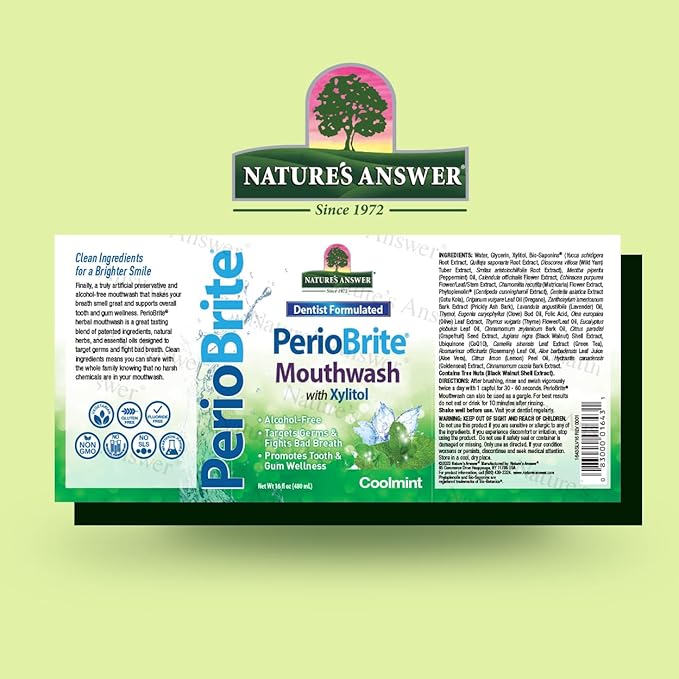 Nature's Answer PerioWash Mouthwash Alcohol-Free Cool Mint - 16 fl oz | Fluoride Free | Natural Breath Freshener | Stain Remover | Natural Teeth Whitener