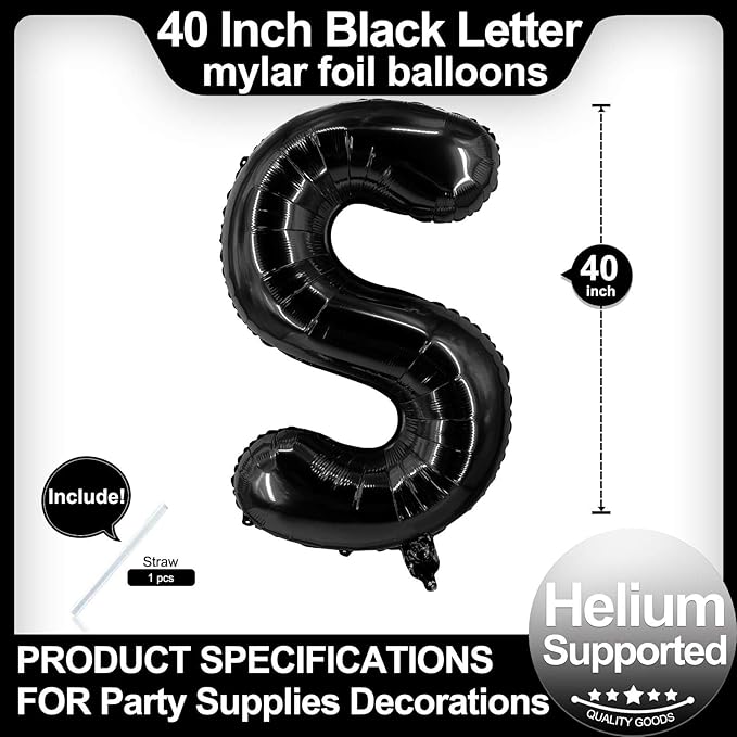 40 Inch Black Letter S Balloons, DIY Phrase Foil Alphabet Letter S Balloons DIY Word S Banner for Birthday Anniversary Celebration Graduation Party Supplies Decoration