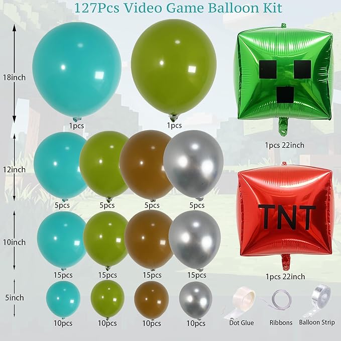 127Pcs Video Game Balloon Arch Garland Kit with Green Teal Blue Brown Metallic Silver Balloons, for Gaming Theme Party Decor, Birthday Party Supplies, Kids' Party Crafts and Decorations
