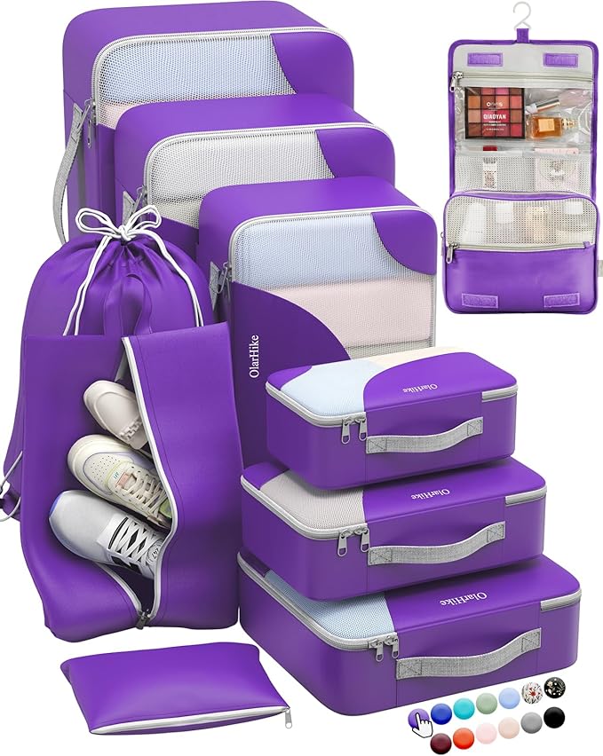 ALL INCLUDED 10 Set Durable Packing Cubes for Suitcases,OlarHike Essentials for Travel, UPGRADED Anti-Tear Stitching, NEW Improved Luggage Packing Organizers for Travel Accessories (Purple)