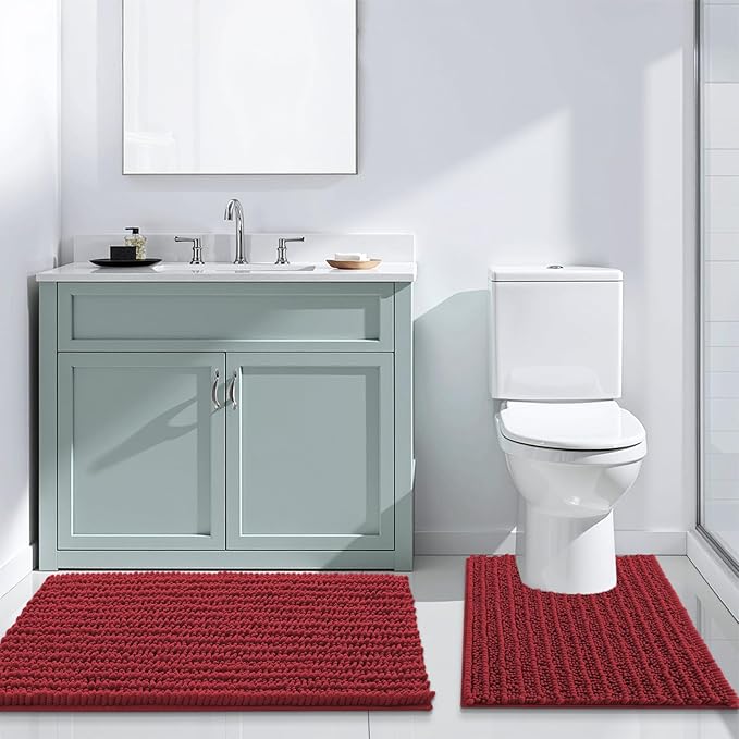 Arotive Luxury Chenille Bathroom Rug Mat, Extra Soft Thick Absorbent Shaggy Bath Rugs, Non-Slip Machine Wash Dry, Plush Bath Mats for Bathroom, Shower and Tub, 24x16, Red
