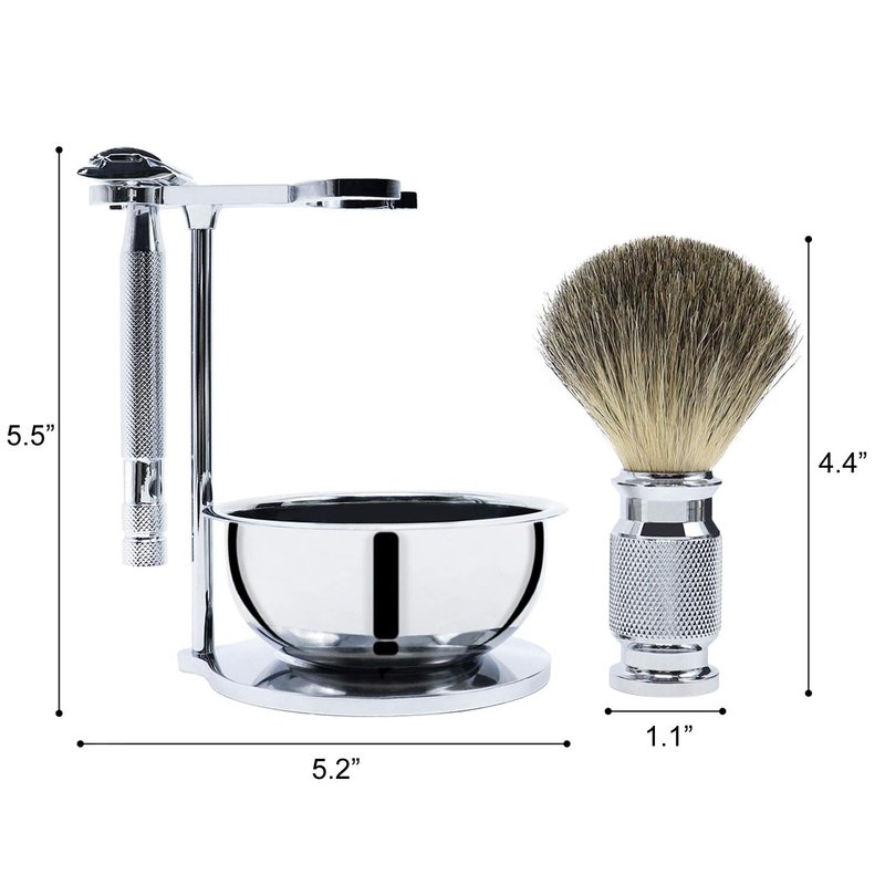 Jolitac Wet Shaving Kit For Men - Badger Hair Shaving Brush, Stainless Steel Bowl Mug, Double Edge Safety Razor, Men's Safety Razor Grooming Gift Set (Silver)