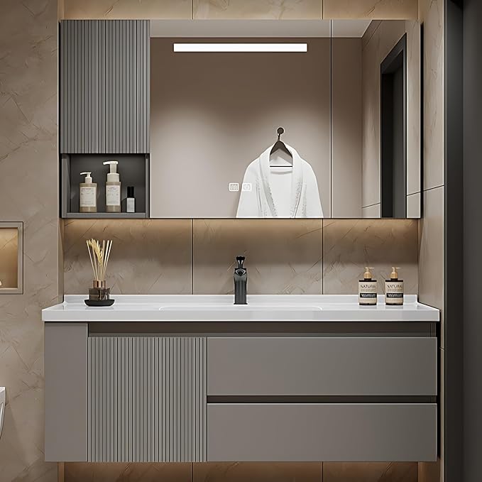 60IN Suspended Bathroom Cabinet Combo Set - Fully Functional LED Mirror with Smart Defogging & Time Display | Bathroom Vanity with Sink,Side Cabinet Storage Compartment (Style A)