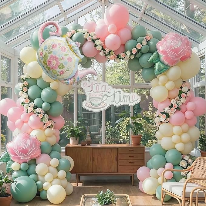 Spirng Tea Party Balloon Garland Kit Pastel sage green pink balloons With Teapot & Rose mylar balloons for outdoor garden Let's Par Tea Girls Birthday Alice in Wonderland decorations
