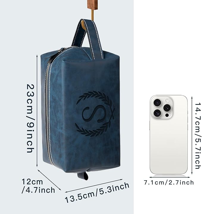 Personalized Gifts Travel Toiletry Bag for Men Engraved Initial PU Leather Waterproof Shaving Bag for Toiletries Accessories Fathers Day Birthday Gift for Men Dad Husband Son, Dark Blue Y