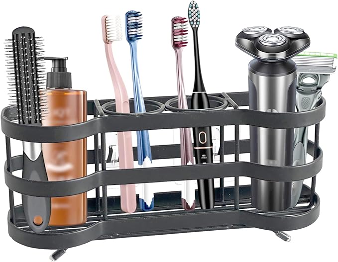 Wall Mount Toothbrush Holder for Shower Stainless Steel Toothbrush Stand, Self-Adhesive Wallmount/Countertop 4 Slots Bathroom Accessories Organizer (Black 1)