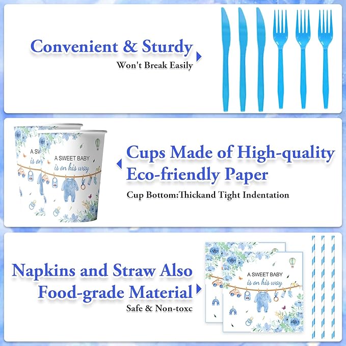 Blue Baby Boy Shower Party Supplies Tableware Sets,Includes Disposable Plates, Napkins, Cups,Straws,Cutlery, Balloons, Banner, and Tablecloth for Party Baby Shower Birthday Decorations,Serves 20
