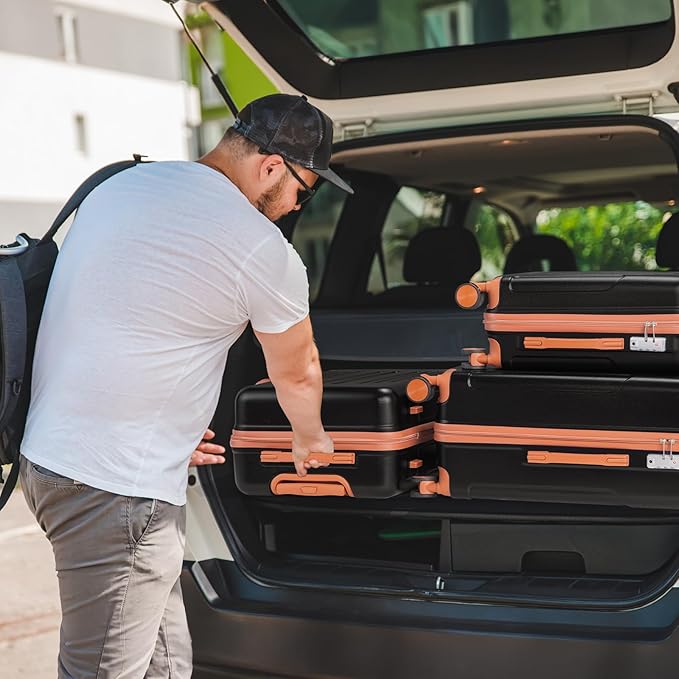 Karl home 24in Checked Luggage with TSA Lock, ABS Hardshell Check-in Suitcase with Spinner Wheels, Durable Medium Suitcase Rolling Luggage for Business Travel, Black & Brown